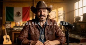 Person in cowboy hat and leather jacket speaks into a microphone, Mexican flag and guitar in background, AI-generated imag...
