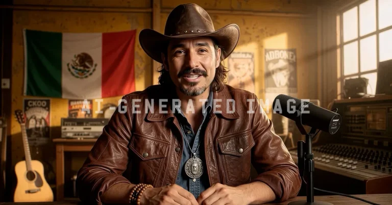 Person in cowboy hat and leather jacket speaks into a microphone, Mexican flag and guitar in background, AI-generated imag...