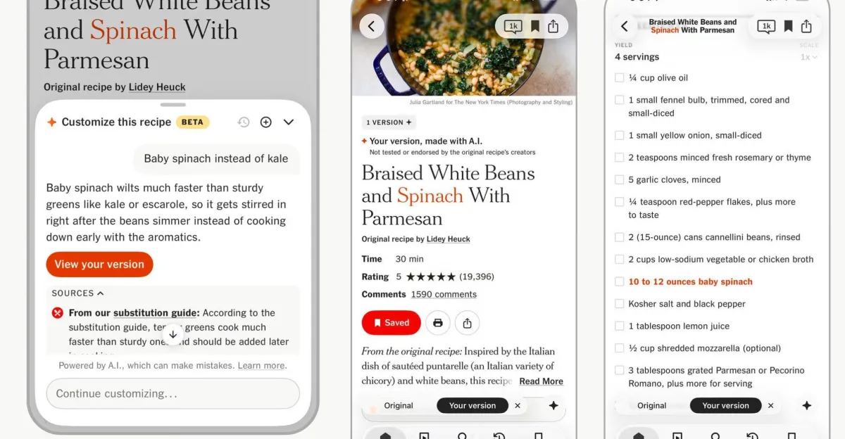 AI recipe tool interface with customization options for braised white beans and spinach with parmesan, showing ingredients...