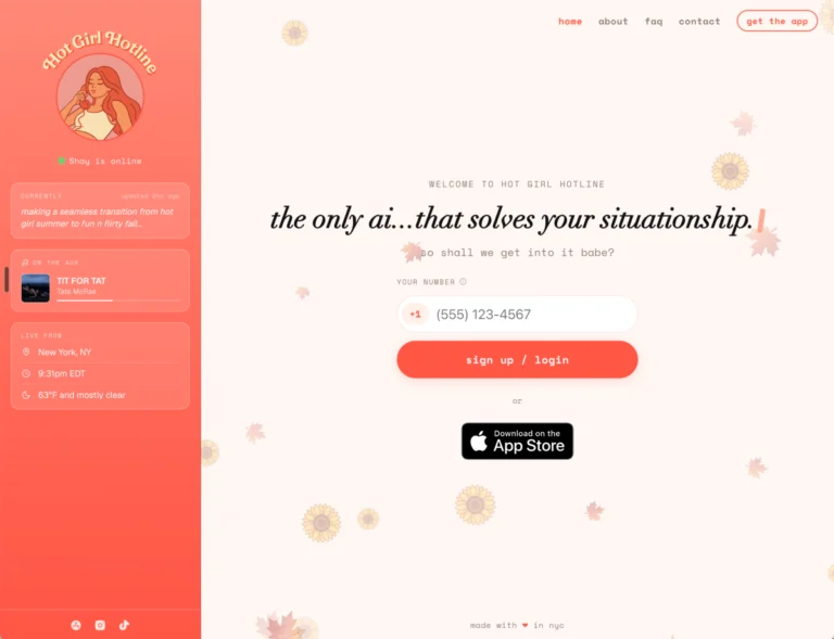 Website interface with "Hot Girl Hotline" logo, chat status, music playing, location, time, weather, and login fields.