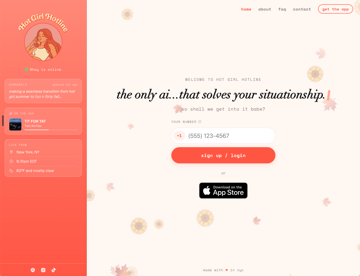 Website interface with "Hot Girl Hotline" logo, chat status, music playing, location, time, weather, and login fields.