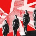 Robots marching in front of a red and white abstract background resembling the UK flag.