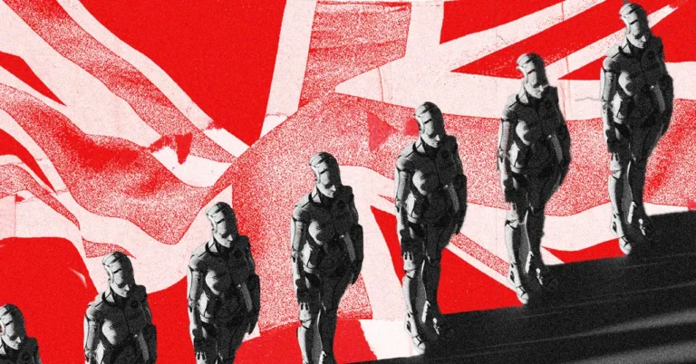 Robots marching in front of a red and white abstract background resembling the UK flag.