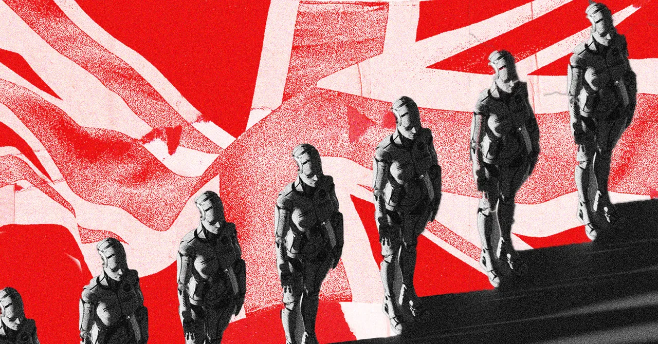 Robots marching in front of a red and white abstract background resembling the UK flag.