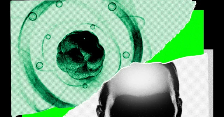 Collage of a human head silhouette, abstract green atomic structure, and torn paper edges with bright green background