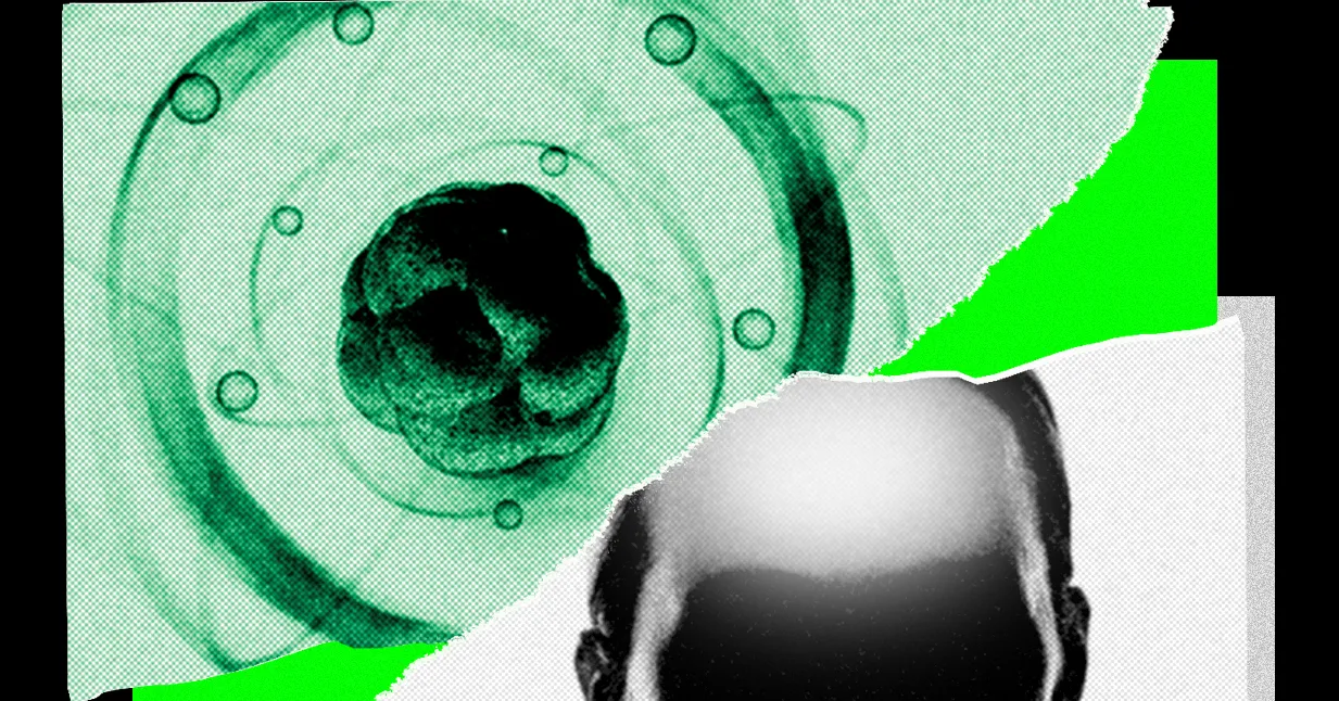 Collage of a human head silhouette, abstract green atomic structure, and torn paper edges with bright green background