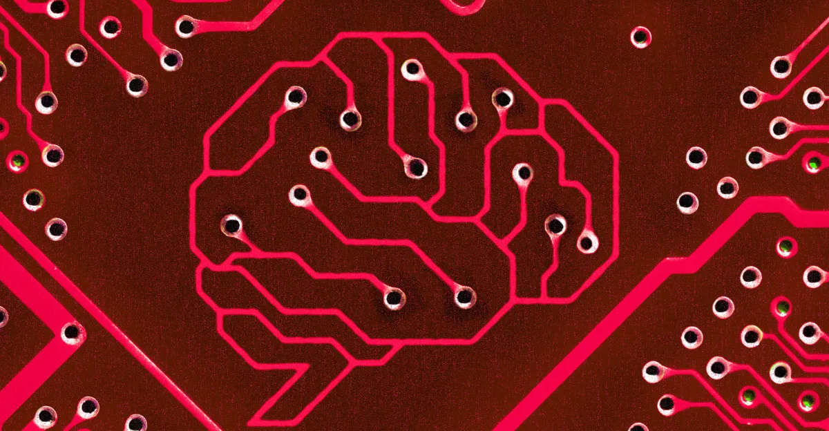 Circuit board pattern resembling a brain with pink pathways and small holes on a dark background