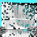 Hands holding a newspaper with pixelated distortion, set against a turquoise background with abstract patterns