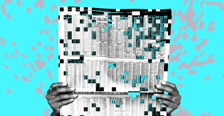 Hands holding a newspaper with pixelated distortion, set against a turquoise background with abstract patterns