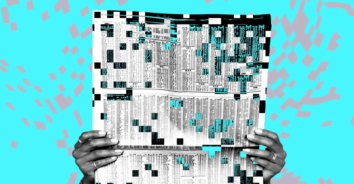Hands holding a newspaper with pixelated distortion, set against a turquoise background with abstract patterns
