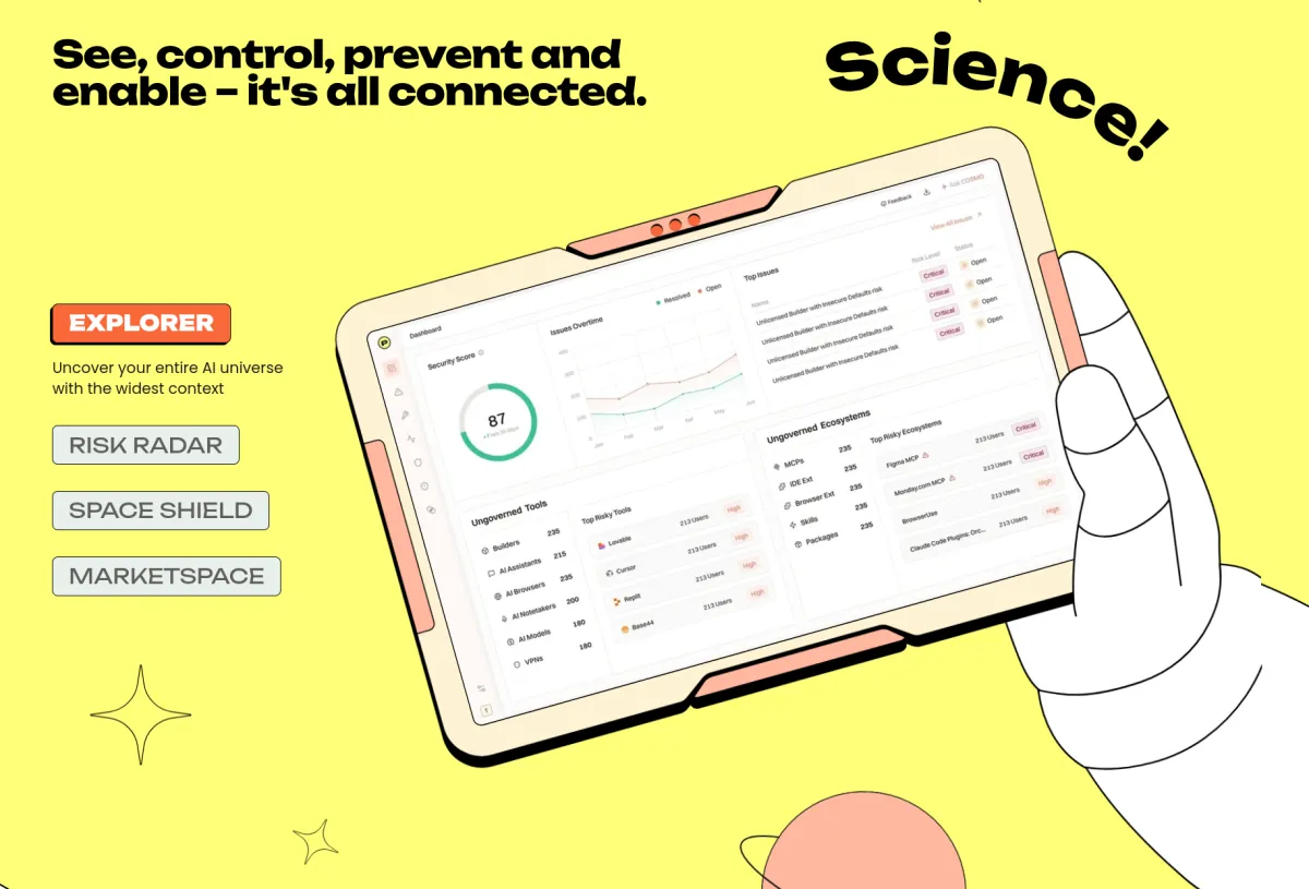 Robotic hand holding a tablet displaying a security dashboard, text: "See, control, prevent and enable - it's all connected.