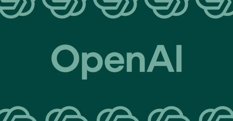 Green background with the word "OpenAI" in the center, surrounded by abstract circular patterns