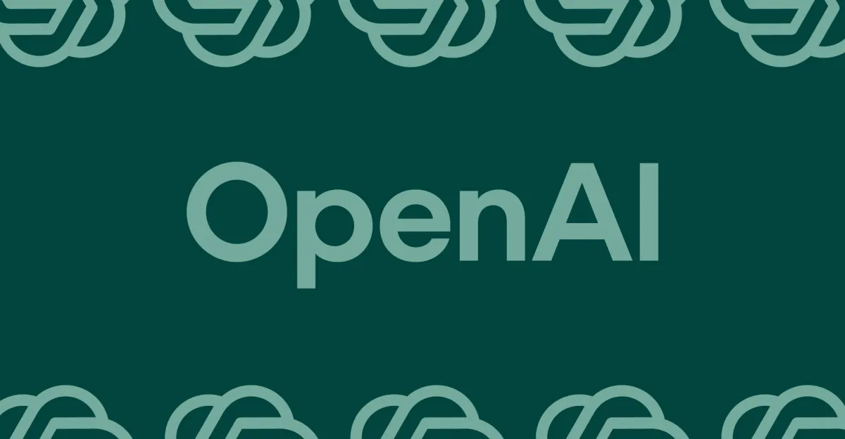 Green background with the word "OpenAI" in the center, surrounded by abstract circular patterns