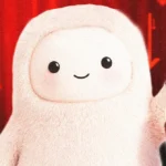 Cute white plush character holding shopping bags against a red background with downward arrows.