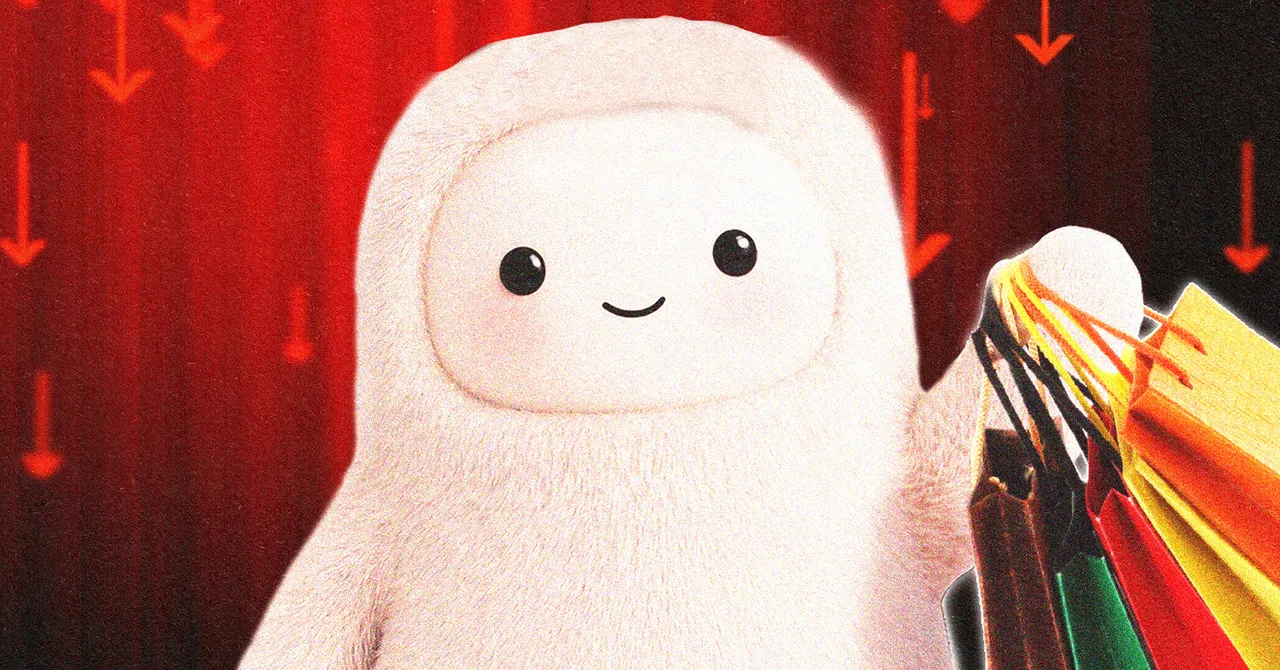 Cute white plush character holding shopping bags against a red background with downward arrows.