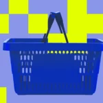 Blue shopping basket with black handles on a blue background with yellow squares.