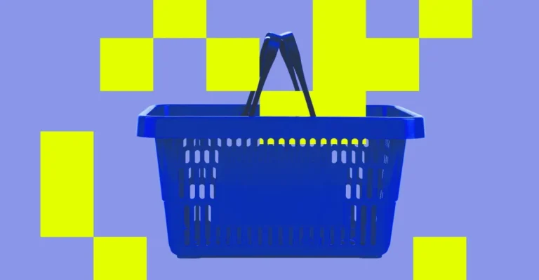 Blue shopping basket with black handles on a blue background with yellow squares.