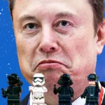A man's face with a serious expression over a starry blue background, with Star Wars Lego figures at the bottom.