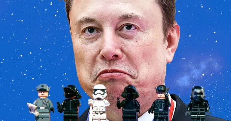 A man's face with a serious expression over a starry blue background, with Star Wars Lego figures at the bottom.