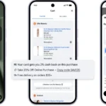 Three smartphones display shopping notifications, cart details, and order review screens with discounts and payment options.