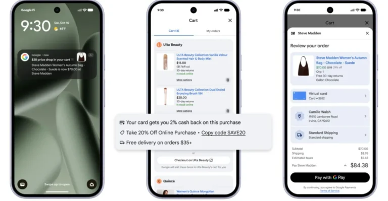 Three smartphones display shopping notifications, cart details, and order review screens with discounts and payment options.