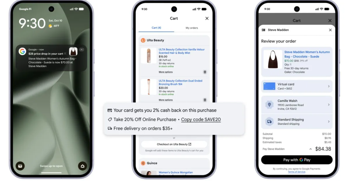Three smartphones display shopping notifications, cart details, and order review screens with discounts and payment options.