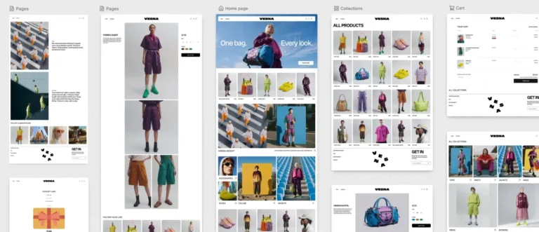 Shopify interface showcasing fashion products, including clothing and bags, across multiple pages labeled pages, home, col...