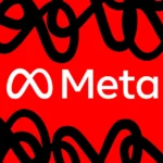 Meta logo and text on a red background with black abstract lines.