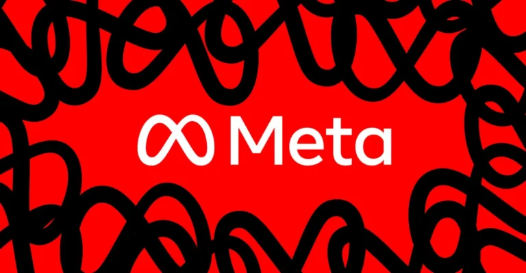 Meta logo and text on a red background with black abstract lines.