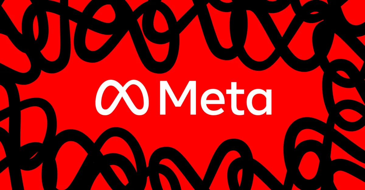 Meta logo and text on a red background with black abstract lines.