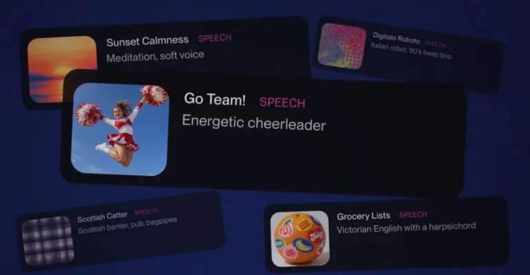 UI showcasing various speech options like "Go Team! Energetic cheerleader" and "Sunset Calmness" with related images.