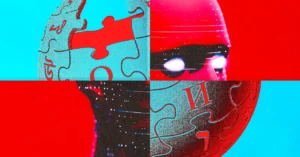 Abstract collage of Wikipedia puzzle globe and humanoid figure with glowing eyes on a red and blue background.