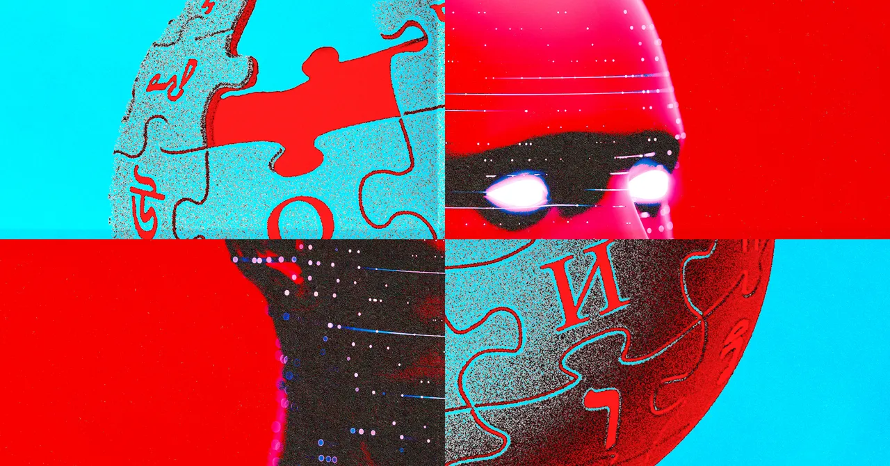 Abstract collage of Wikipedia puzzle globe and humanoid figure with glowing eyes on a red and blue background.