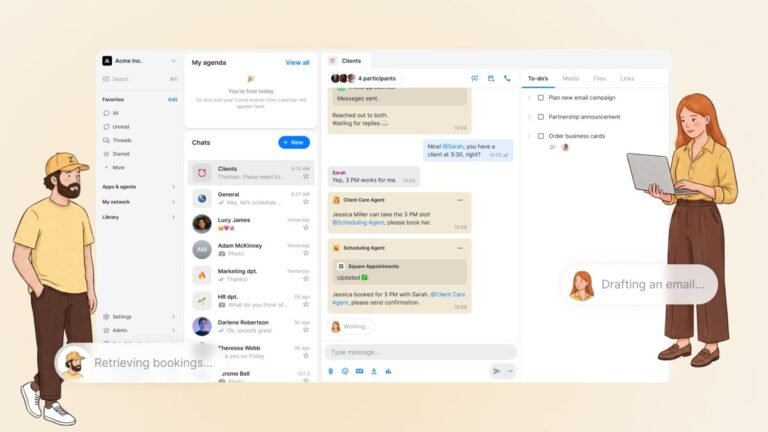 AI workplace messenger interface with chat, agenda, and to-do list. Illustrated man retrieving bookings, woman drafting em...