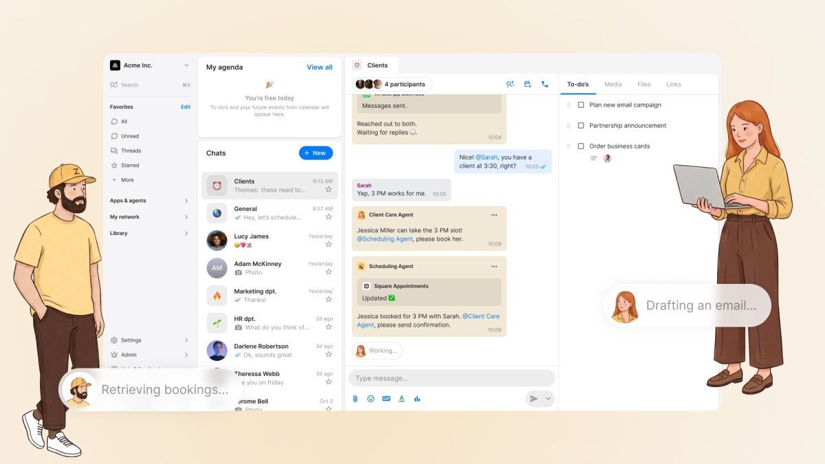 AI workplace messenger interface with chat, agenda, and to-do list. Illustrated man retrieving bookings, woman drafting em...