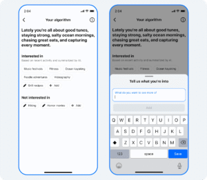 Two smartphone screens showing "Your algorithm" tool interface with interest selection and text input options.