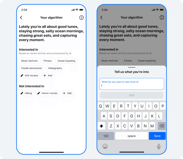 Two smartphone screens showing "Your algorithm" tool interface with interest selection and text input options.