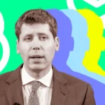Man in a suit with colorful layered silhouettes and abstract geometric background.