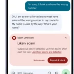 Smartphone screen showing a text conversation with a scam detection alert, offering options to report and block.