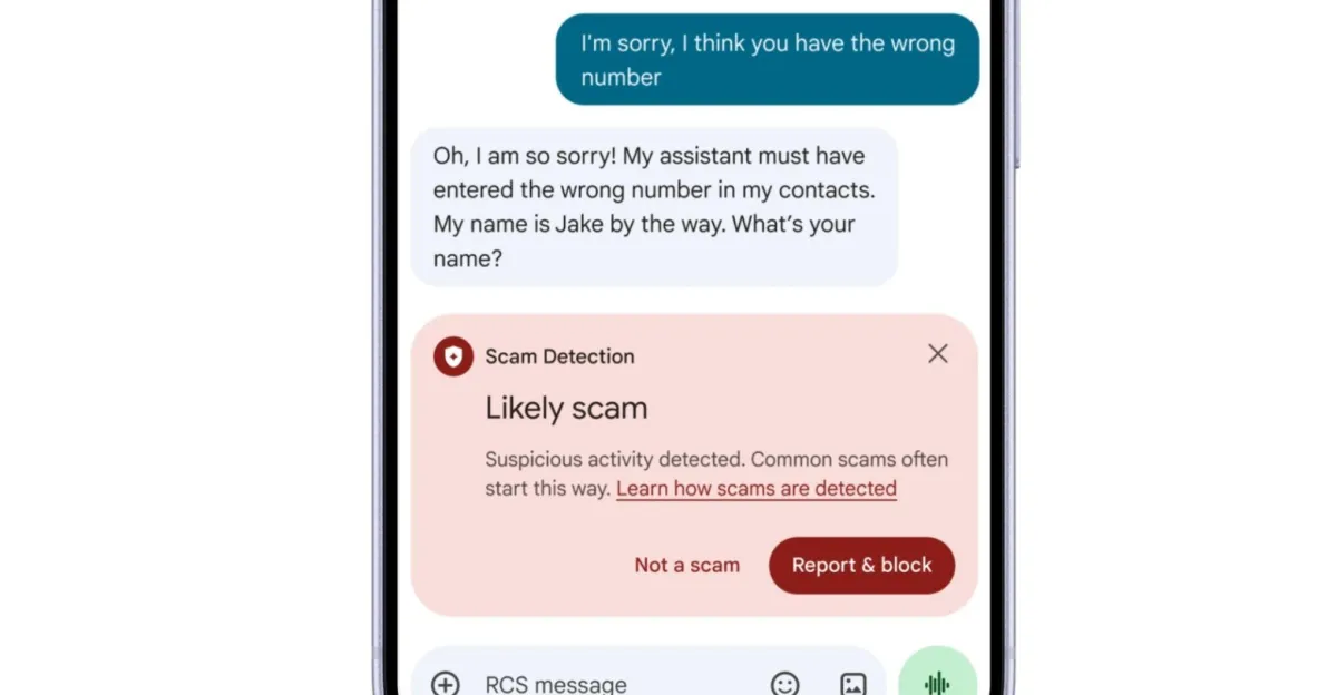 Smartphone screen showing a text conversation with a scam detection alert, offering options to report and block.