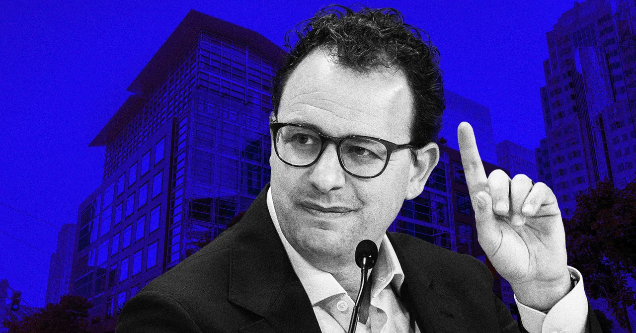 Man in glasses speaking with raised finger, microphone in front, urban building backdrop, blue-toned image.