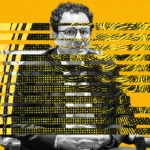 Man in glasses and suit seated against yellow background, overlaid with black lines and Roman numerals I, II, III.