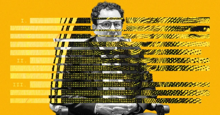 Man in glasses and suit seated against yellow background, overlaid with black lines and Roman numerals I, II, III.