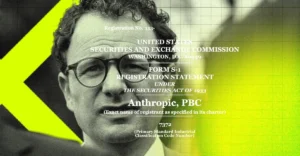 Close-up of a person with glasses overlaid by SEC form text for Anthropic, PBC against a yellow and grid-patterned backgro...