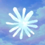 Abstract light blue and white starburst shape on a cloudy sky background.