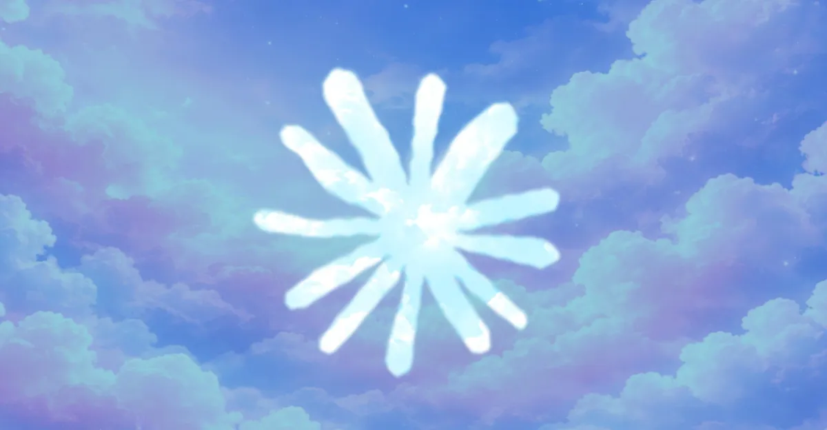 Abstract light blue and white starburst shape on a cloudy sky background.