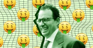 Man in suit smiling, surrounded by dollar-tongue emojis on a green grid background.