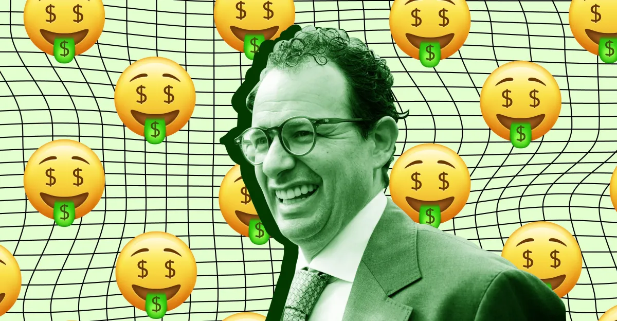 Man in suit smiling, surrounded by dollar-tongue emojis on a green grid background.