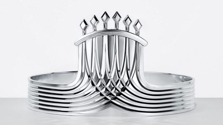 Sleek silver trophy with intricate geometric design and vertical diamond-shaped elements on a white background
