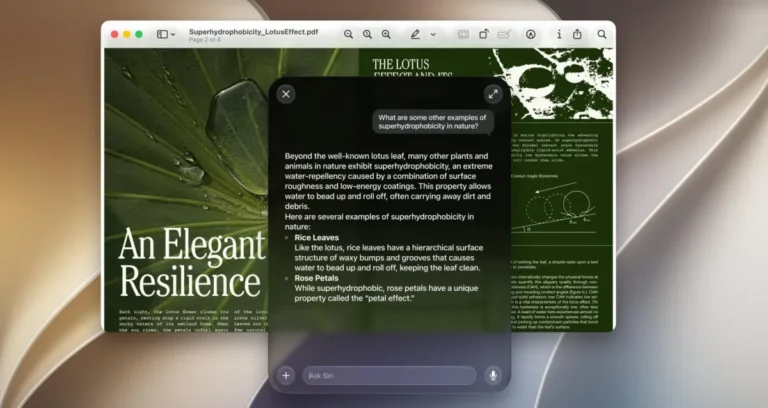 MacOS screen with a PDF on superhydrophobicity, showing a Siri window with examples like rice leaves and rose petals.